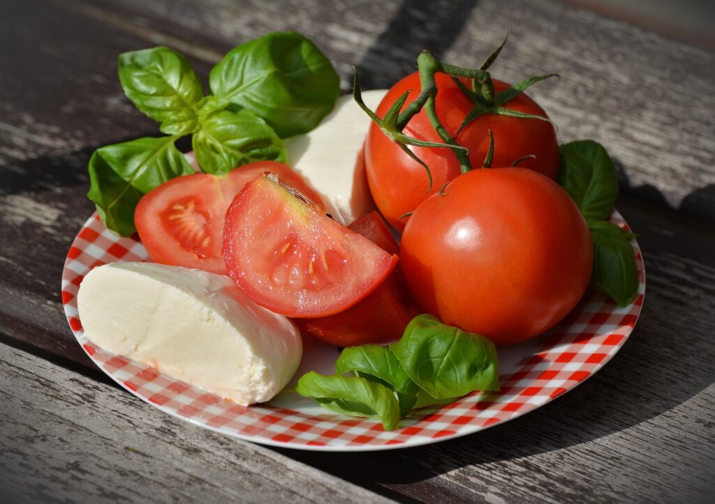 tomatoes, caprese, mozzarella, basil, tomato and mozzarella salad, starter, fresh, mediterranean, red, meal, healthy, salad, nourishment, italian, italy, tomatoes, salad, salad, salad, salad, salad, italy